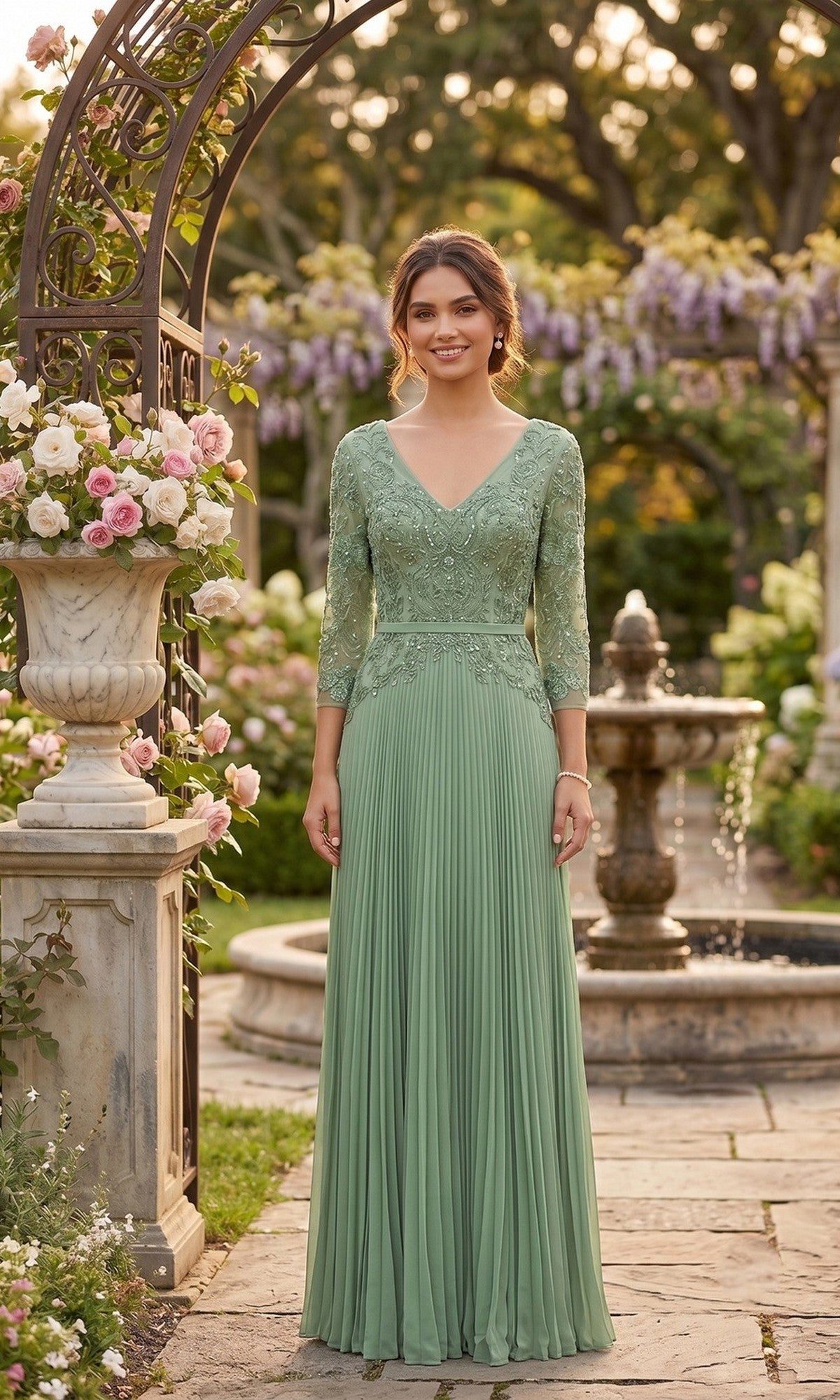 A woman in the Chicas YG5038 Long Formal Dress in sage, featuring pleats, stands in a garden near a stone fountain and floral archway, smiling at the camera.